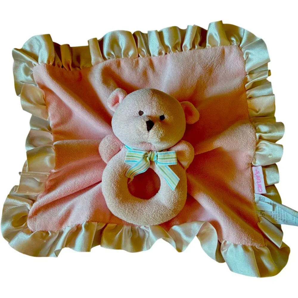 CARTER'S Pink Bear Lovey Ring Rattle Plush Satin Ruffles 2010 Girls‎ Security
